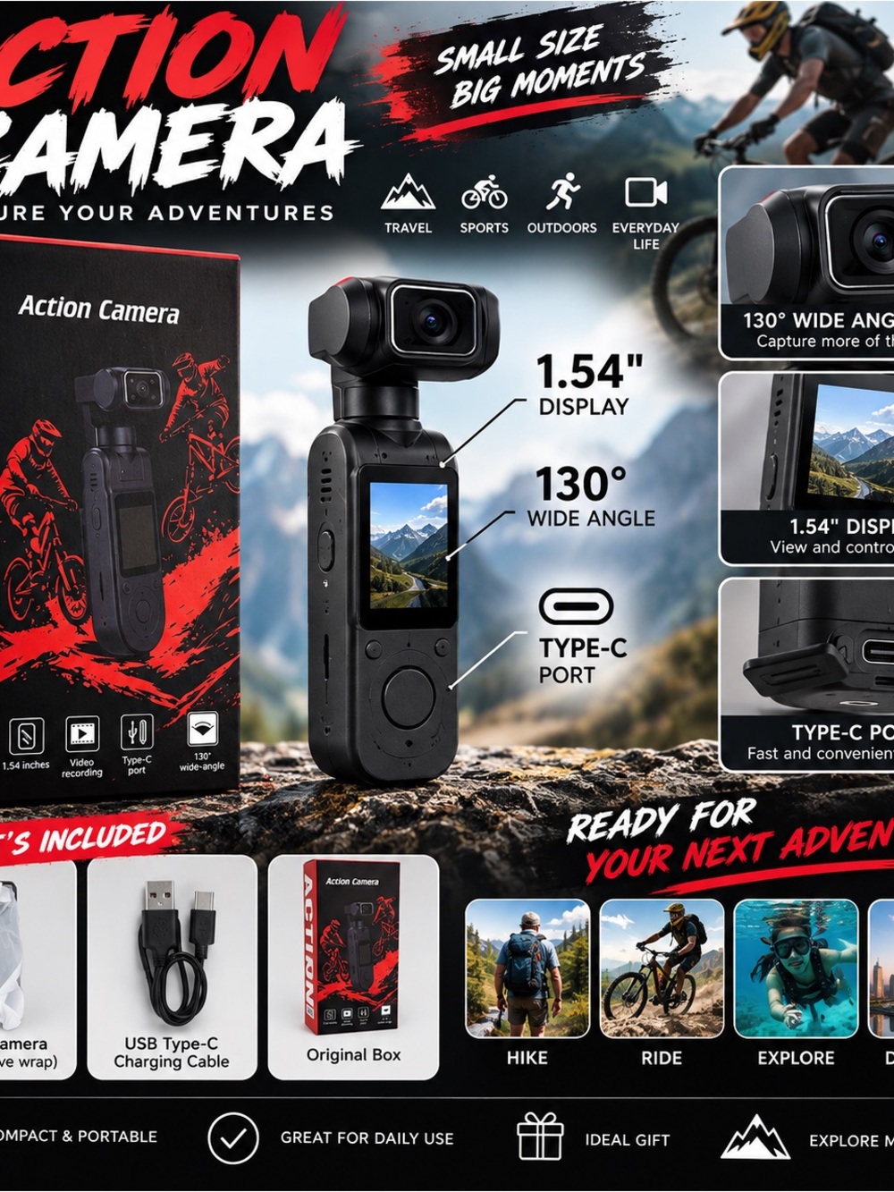 Action Camera with 130° Wide Angle - Black